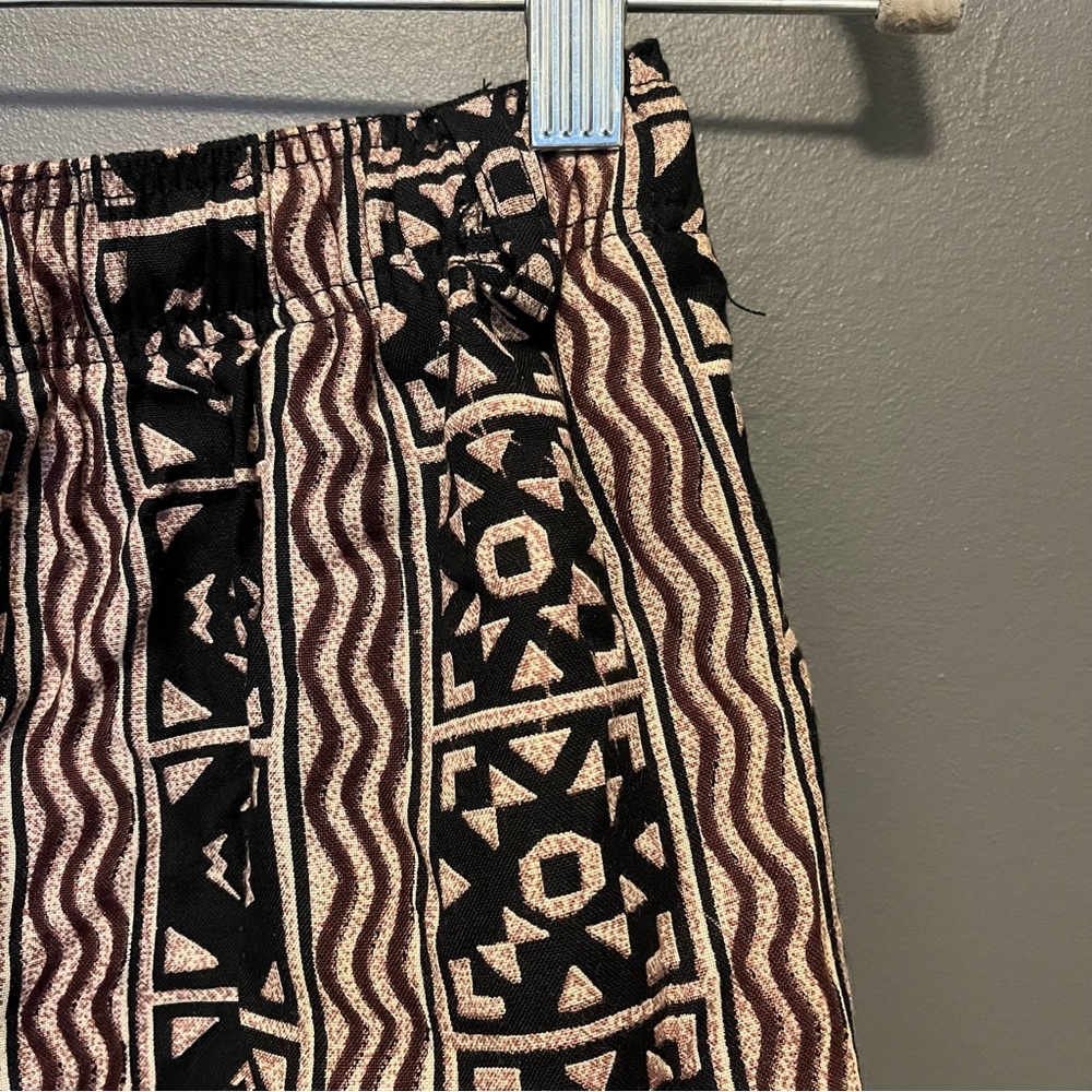 Vintage abstract vacation shorts elastic drawstring high waist black brown tan M - Picture 4 of 10